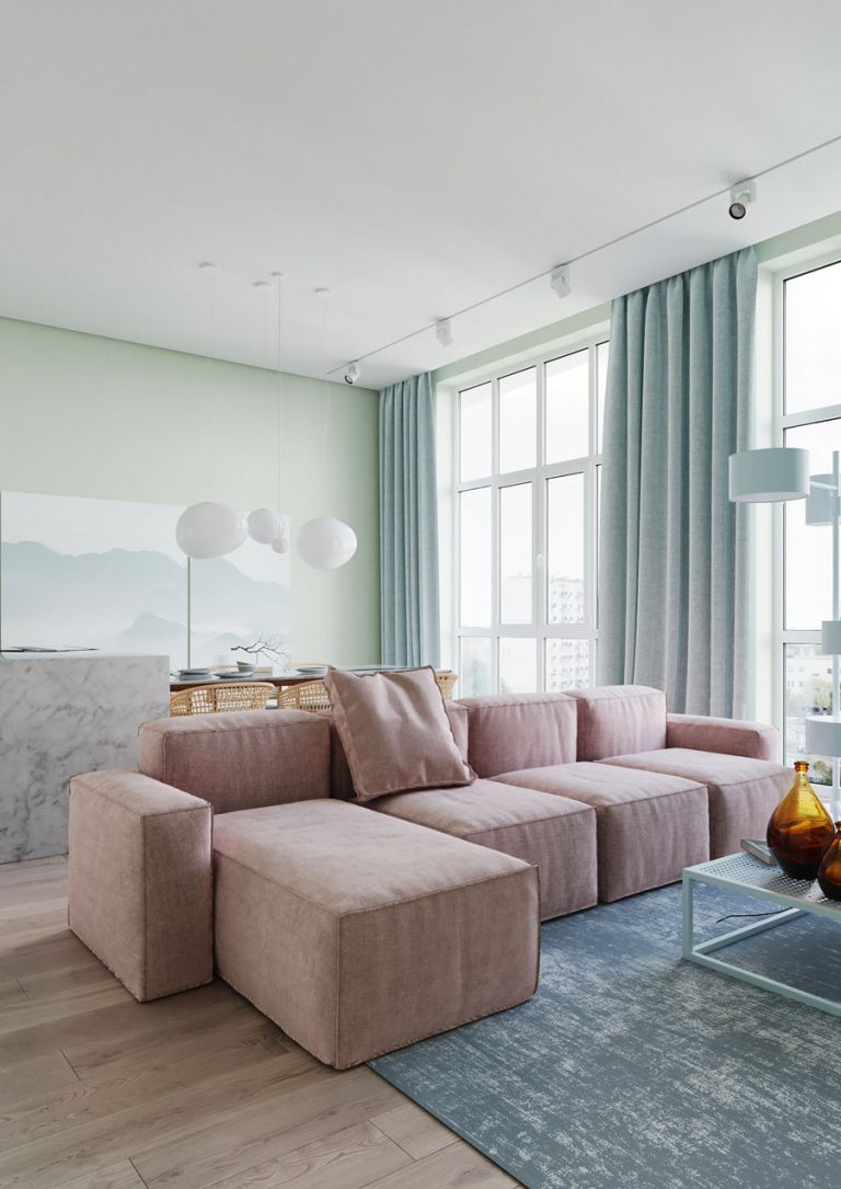 Woonkamer met Scandinavisch design en pastelkleuren HOMEASE